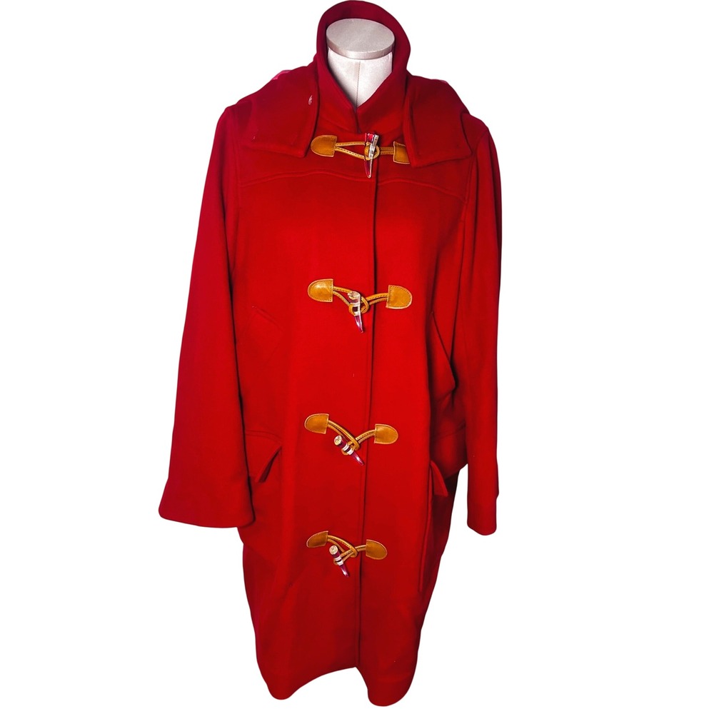 Vintage Liz Claiborne Red Wool Blend Hooded Duffle Coat Toggle Closure Medium